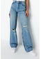 Stil Kadın Moda Denim Kot Pantolon Regular Geniş Paça Vintage Yırtık Detaylı Düşük Bel Jeans Mavi