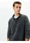 Koton Yıkamalı Sweatshirt Dik Yaka Düğme Detaylı Pamuklu Antrasit 4wam70346mk