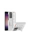 Mutcase - Samsung Uyumlu Galaxy S23 - Kılıf Stand Olabilen El Tutacaklı Karbon Fiber Band Kapak - Gümüş