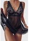 Merry See Şık Tül Dantel Gecelik Babydoll Takım Siyah 001