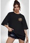 Turkiye Özel Karakterleri Siyah Oversize Unisex Ön Sol Yan Minimal Baskılı Tişört Koyu Siyah