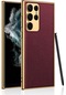 Ekılıf - Samsung Galaxy S23 Ultra Uyumlu Kılıf Deri Görünümlü Kenarları Elektroplating Kaplama Fizyon Kapak - Kırmızı