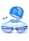 Yüzme Şapkalı Yüksek Çözünürlüklü Su Geçirmez Sis Geçirmez Yüzme Gözlüğü Mavi