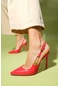 Luvishoes Anvas Kırmızı Cilt Tokalı Kadın Yüksek Topuklu Ayakkabı
