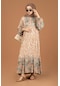 Şal Desenli Yarım Düğmeli Elbise-bej-2244 - Kadın