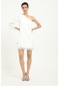 Beyaz Tek Omuzlu Tüy Detaylı Kadın Elbise-beyaz