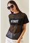 Xhan Siyah Bisiklet Yaka Tül Detaylı Salaş T-shirt 5yxk1-48310-02 Ekru
