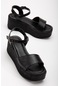 Baretli Kalın Tekbant Siyah Kadın Dolgu Topuklu Sandalet-2970-siyah