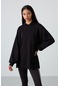 Tommy Life Siyah Balon Kol Yazı Nakışlı Kadın Oversize Tunik Sweatshirt - 97163 Siyah