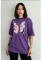 Kadın Çiçekli Kelebek Baskılı Bisiklet Yaka Oversize T-shirt Mor