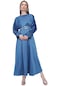 Kadın İndigo Yarasa Kol Kemerli Saten Elbise-20661-indigo