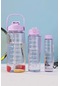 Tilbe Home 3'lü Motivasyonel Su Matarası Tritan Sporcu Su Şişesi Suluk Stickerlı Pipetli Suluk 2000+ Mor