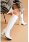 Kleo Beyaz Deri Topuklu 7cm Yanı Fermuarlı Günlük Kullanım Çizme