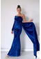 Tek Kol Kuyruk Detaylı Kendinden Simli Uzun Kadın Abiye Elbise - Saks Mavisi