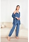 Ecrou Kadın Petrol Mavi Soft Kadife Truvakar Kol İp Askılı Pantolon 3'lü Pijama Takım