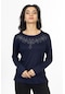 Yeni Model Taş İşlemeli Yuvarlak Yaka Likralı Anne Penye Bluz 6435-lacivert