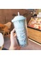 Yaratıcı Kore Plastik Bardak Çift Katmanlı Büyük Kapasiteli Saman Ins Su Isıtıcısı Kız Ev Ofis Kahvaltı Süt Meyve Suyu Fincanı-550Ml 9298Blue
