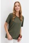 Desen Triko Kadın Sıfır Yaka Flamlı Kumaş Penye T-shirt Kmy24084 Haki