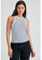 Kadın Beyaz Çizgili Halter Yaka Basic Bluz
