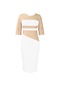 Büyük Beden Kadın Çeyrek Kollu Renk Bloklu Elbise - Beyaz