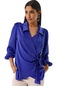 Kadın Saks Mavi Yan Bağlamalı Yakalı Saten Bluz-26077-saks