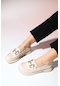 Luvishoes Norman Krem Cilt Taş Tokalı Kadın Loafer Ayakkabı