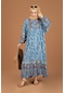Şal Desenli Yarım Düğmeli Elbise-mavi -2241 - Kadın