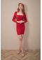 Fullamoda Önü Büzgülü Kare Yaka Elbise- Kırmızı 24YGB5949205254-Kırmızı