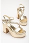 Kırışık Cilt Çapraz Taş Detaylı Gold Kadın Platform Topuklu Abiye Sandalet Ayakkabı-2916-gold
