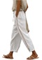 Mengtuo İlkbahar ve Yaz Orta Bel Bol Gündelik Kadın Pantolonu - Beyaz