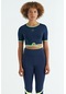 Tommy Life İndigo Bel Bağlama Detaylı O Yaka Standart Kalıp Dalgıç Kumaş Kadın Crop T-shirt - 97266 Indigo