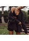 Kadınların Yeni Çizgili Tek Göğüslü Bol Uzun Kollu Yaka Gömlek Şort Takım Elbise Siyah