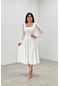 Krep Kumaş Kolları Tül Detaylı Midi Elbise - Beyaz