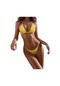 Düz Renk Yular Boyun Üçgen Bölünmüş Kadın Bikini Seti Sarı
