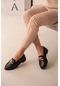 Fusy Siyah Deri Gold Zincirli 3cm Günlük Kullanım Loafer Kadın Ayakkabı