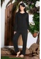 Düz Siyah Yuvarlak Yaka Kadın Bambu Pijama Takımı 958-siyah
