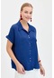 Desen Triko Kadın Düşük Kollu Saten Gömlek Kmy24059 Mavi
