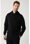 Avva Erkek Siyah Sweatshirt Kapüşonlu Yaka Gofre Baskılı Şardonlu 3 İplik Comfort Fit Rahat Kesim A32Y1190