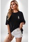 Poseidon Felsefe Siyah Oversize Unisex Ön Sol Yan Minimal Baskılı Tişört Koyu Siyah