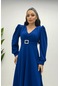 Krep Kumaş Kemer Detaylı Midi Elbise - Saks Mavi