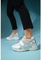 Luvishoes Berge Beyaz Bej Kadın Cırtlı Dolgu Taban Spor Sneakers