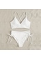 Kadın Ayrı Yaz Düz Renk V Yaka Bikini Yüksek Bel Tanga Takım Beyaz