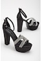 Saten Örgü Taşlı 40mm Siyah Kadın Platform Topuklu Abiye Ayakkabı-2830-siyah