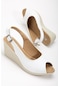 Dolgu Taban Burun Ve Arka Açık Ortopedik Suni Deri Beyaz Kadın Dolgu Topuk Ayakkabı-2783-beyaz