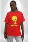 Twity Pamuklu Bisiklet Yaka Unisex Oversize Boyfriend Dijital Baskılı Kırmızı T-shirt Kırmızı