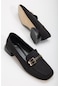 Tokalı Saten Küt Burun Siyah Kadın Kısa Topuklu Ayakkabı-2698-sıyah