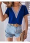 Lacivert Kadın Yaz Üstleri Moda Giysiler Rahat V Yaka Şifon Bluzlar Kısa Kollu Tee Gömlek Bayanlar Satılan Renk Gevşek Dantel Gömlek