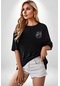 Kulaklık Kedi Müzik Tekir Siyah Oversize Unisex Ön Sol Yan Minimal Baskılı Tişört Koyu Siyah