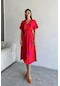 Kadın Kırmızı Derin V Yaka Yazlık Uzun Önden Yırtmaçlı Viskon Elbise