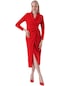 Kadın Kırmızı Şal Yaka Önü Büzgülü Elbise-27002-kırmızı